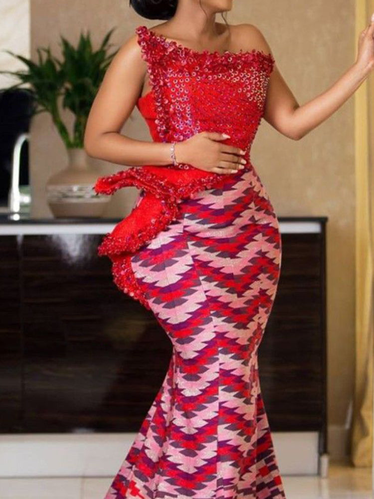 One-Shoulder Split-Joint Striped Asymmetric Shiny Maxi Dress