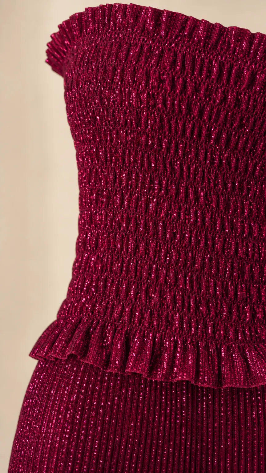 Strapless Ruched Stretch Maxi Dress with Flared Train