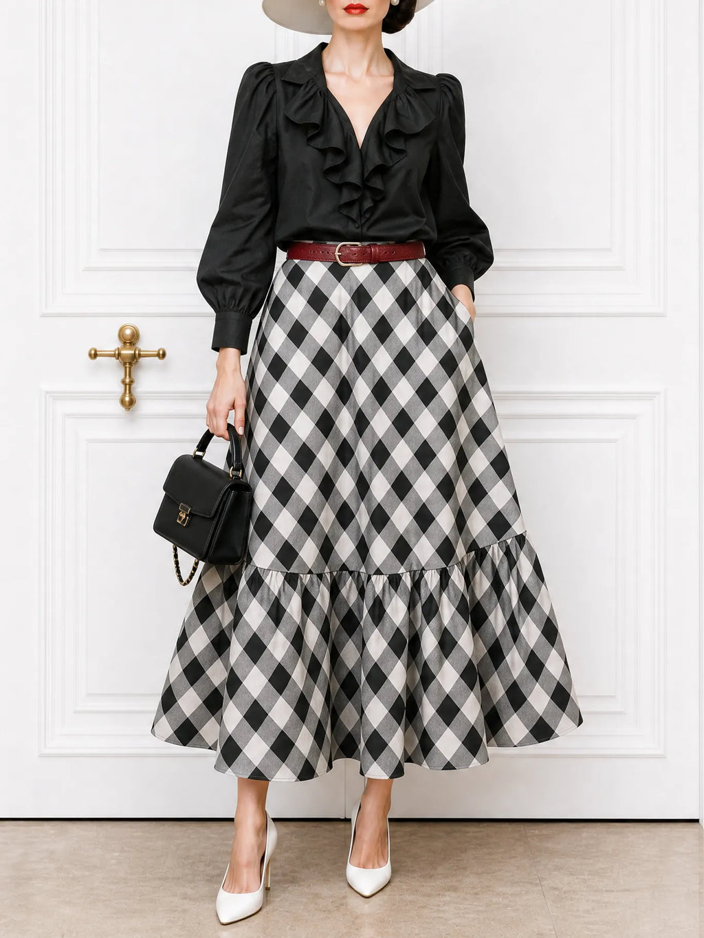 Vintage Ruffled Blouse & Plaid Skirt Two-Piece Set