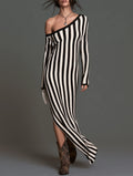Women's Vintage One-Shoulder Long-Sleeve Striped Sweater Dress With Side Slit MDZ2121H1WY