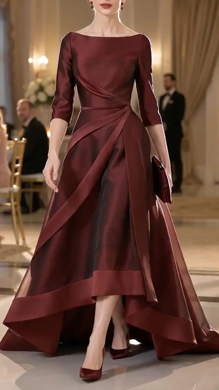 Burgundy Satin Draped High‐Low Formal Gown