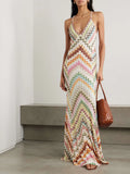 Knit Colorful Herringbone Print Open Beck Maxi Dress