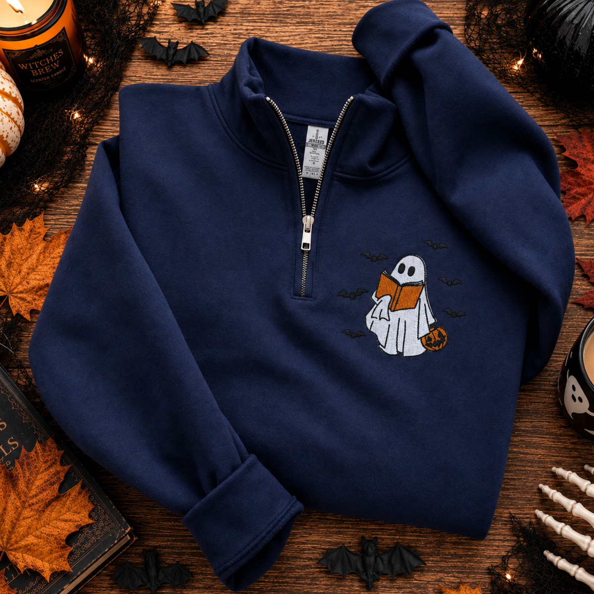 Chaotic Club Embroided Reading Ghost Pumpkin Pastel Pink Quarter Zip Sweatshirt