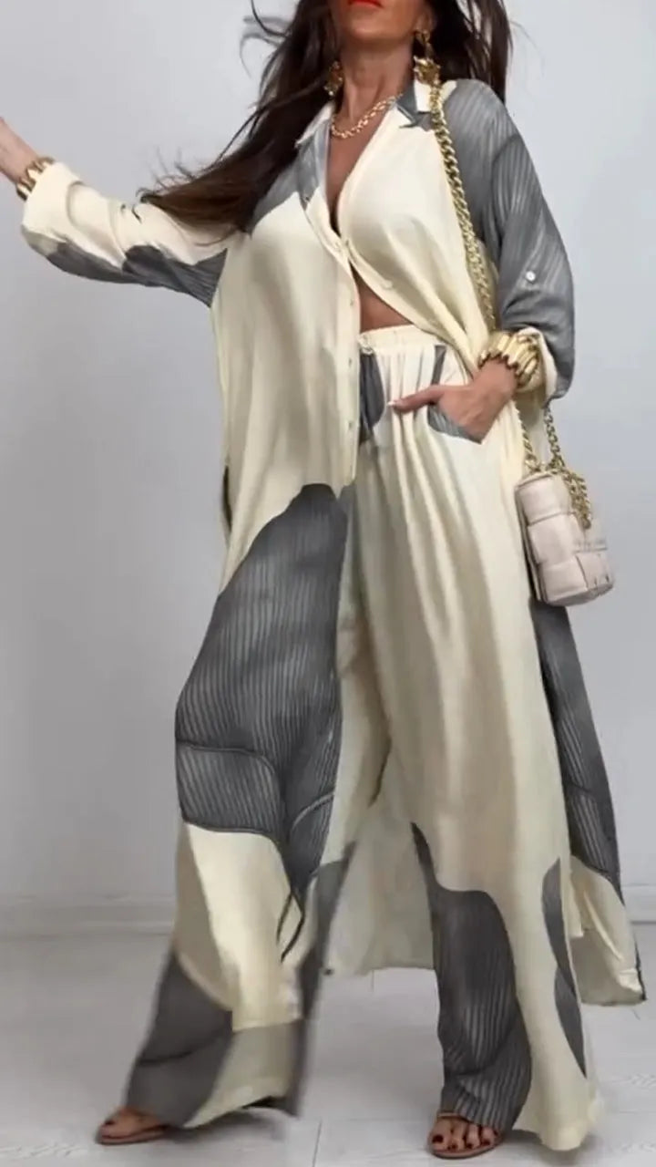 Women's V-neck Patchwork Printed Top and Pants Commuting Casual Suit