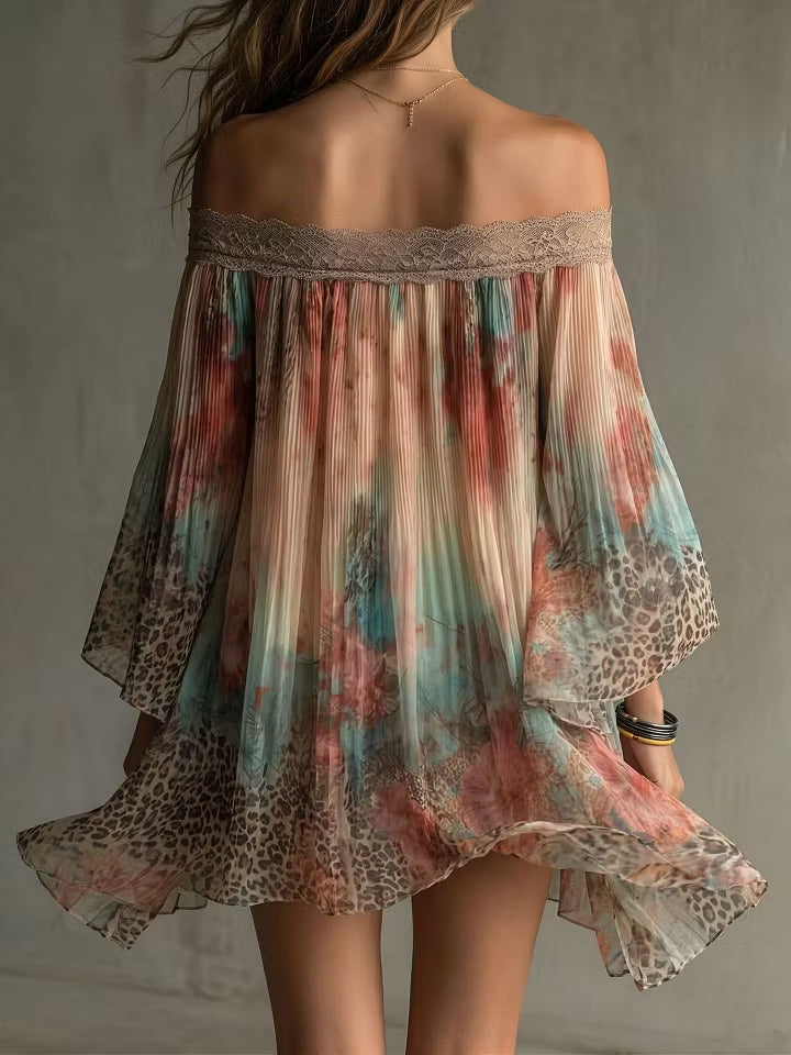 Vacation off-shoulder mini dress with leopard ombre print