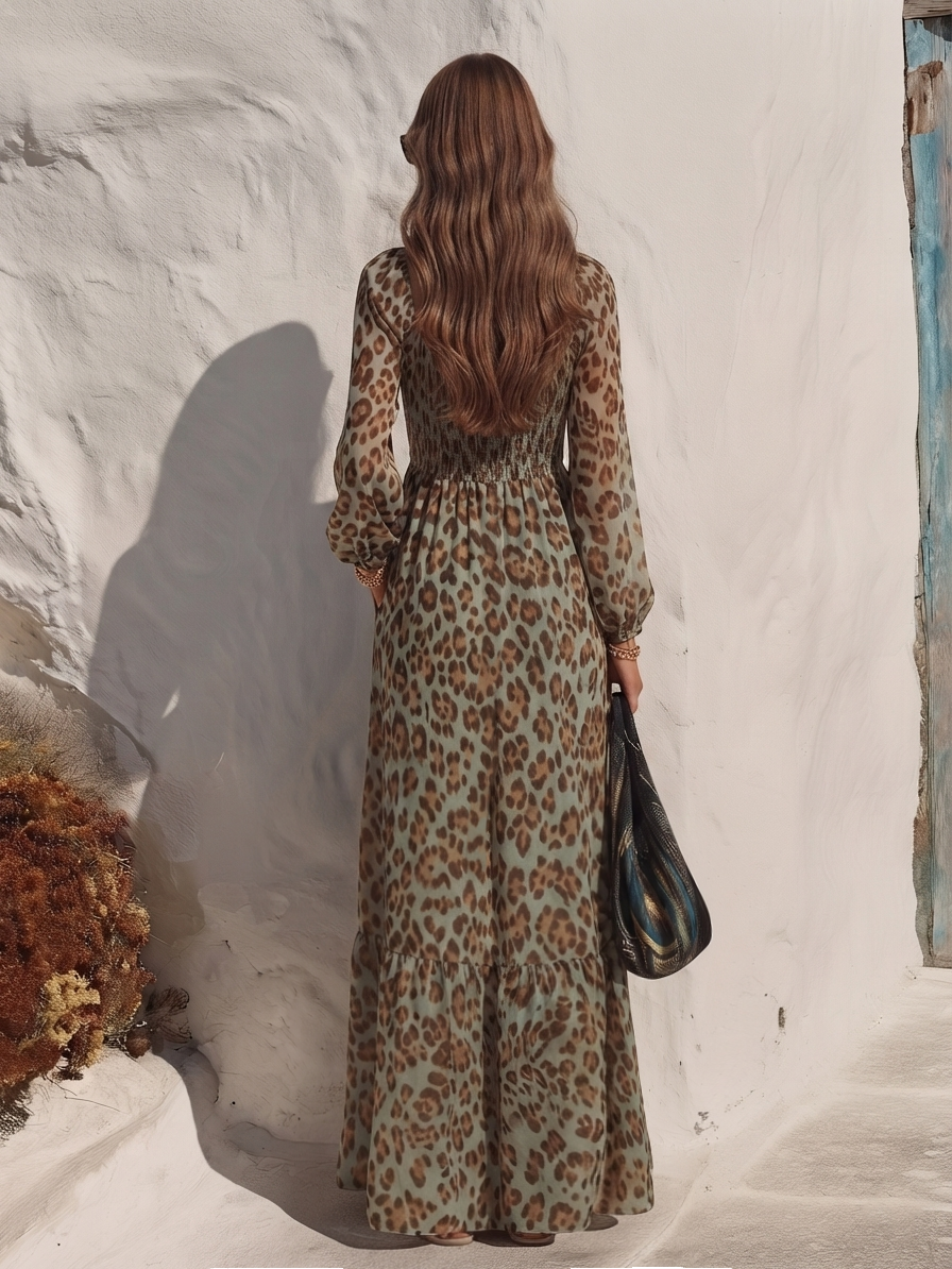Capri Vibe Mint Base Leopard Print Square Neck Fall Maxi Dress