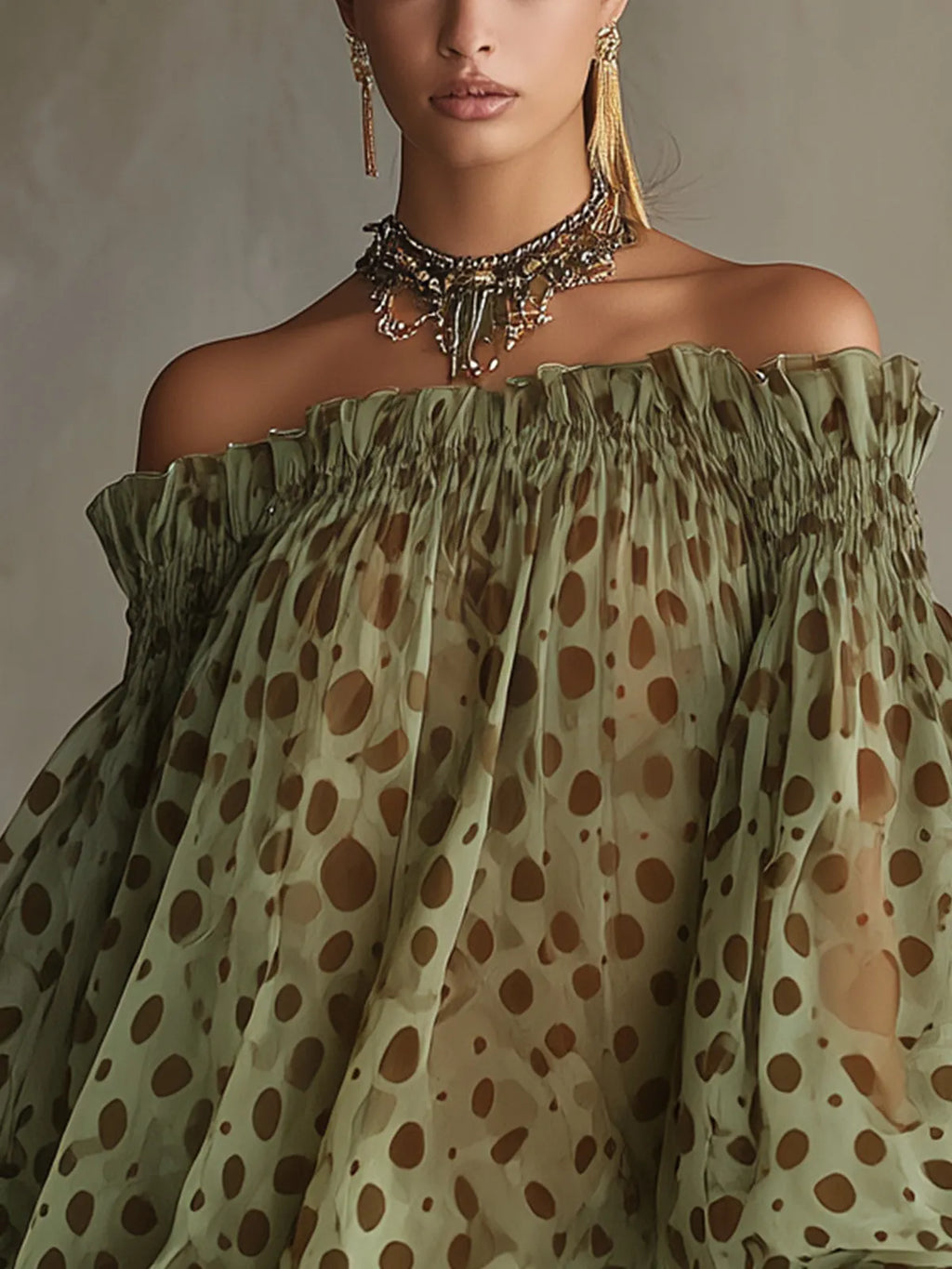 Olive Polka Dot Off-Shoulder Sheer Balloon-Sleeve Lace Hem Mini Dress