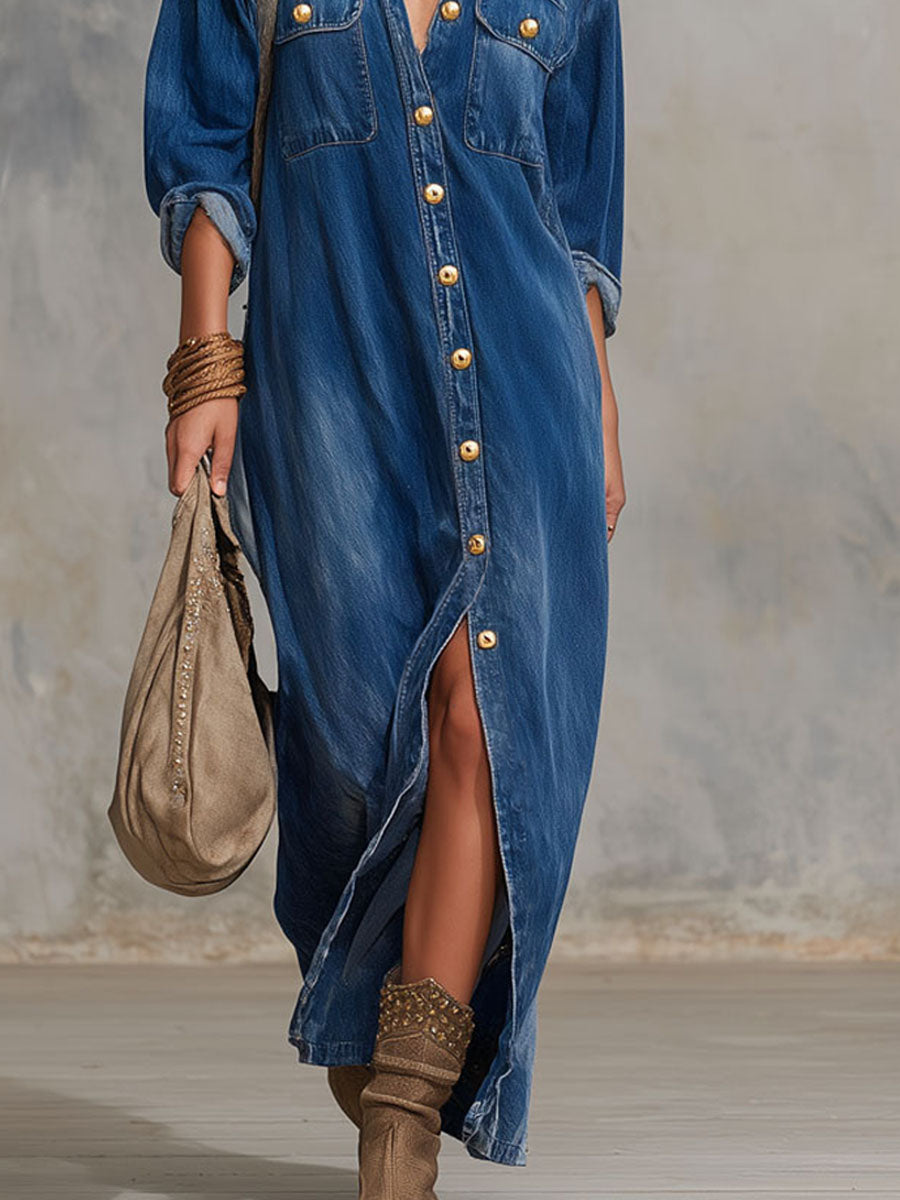Loose-fitting Double-pocket Button-down Denim Long-sleeved Maxi Dress