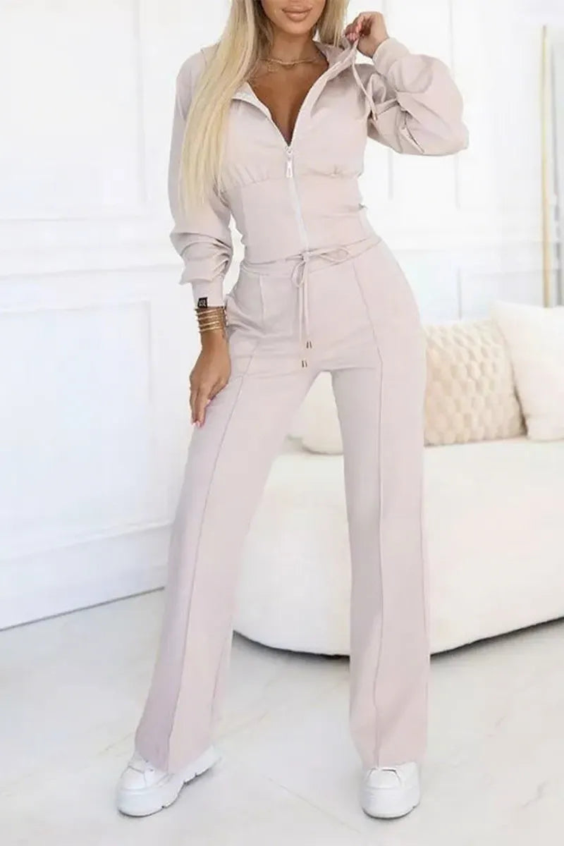 Ladies Round Neck Hooded Zipper Top+ Pants with Casual Temperament Suit