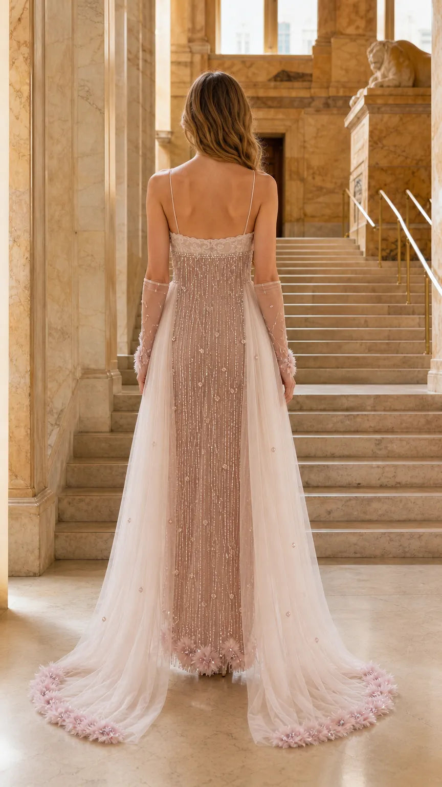 Embellished Tulle Evening Gown with Floral Appliqué