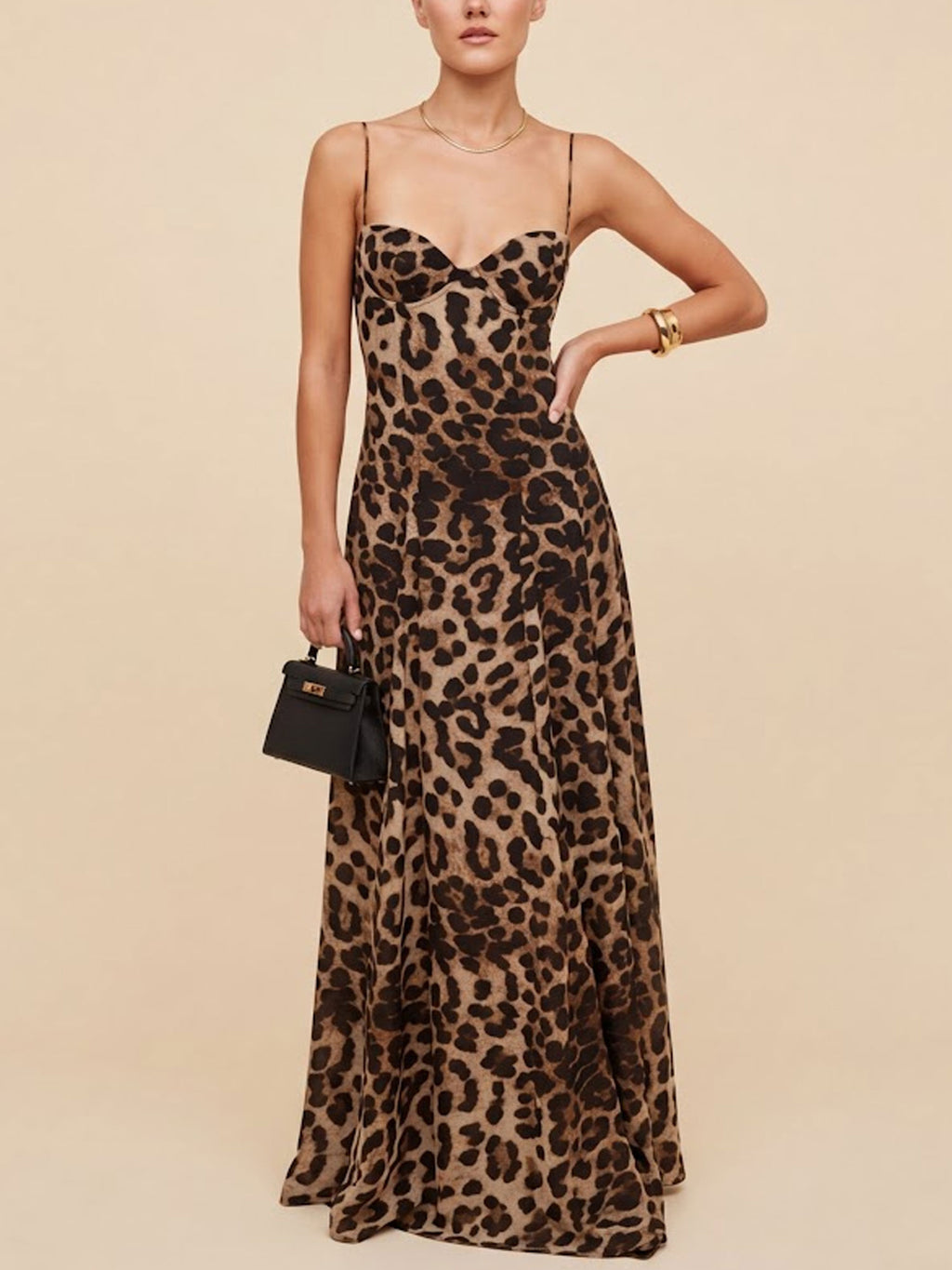 2026 Spring/Summer Elevated Date Night — Leopard Print Vintage Slim Silhouette Satin Touch Minimalist Maxi Dress