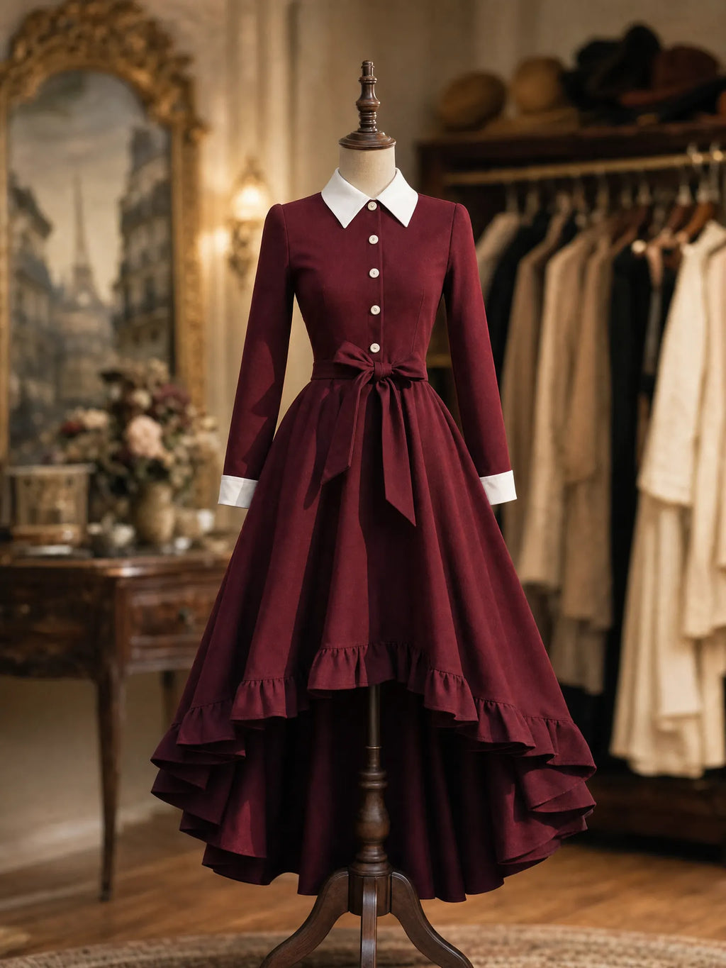 Vintage Lapel Button Front Waist Tie Irregular Ruffle Midi Dress
