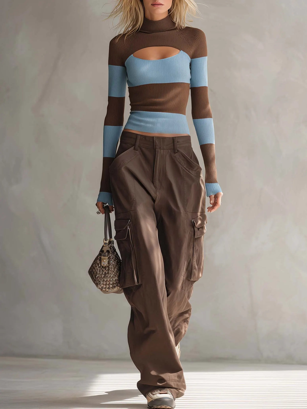 Y2K Retro Striped Cutout Turtleneck Knit Top & Cargo Pants Two Piece Set