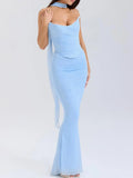 Blue Strapless Bodice and High Waist Skirt with Tie Set