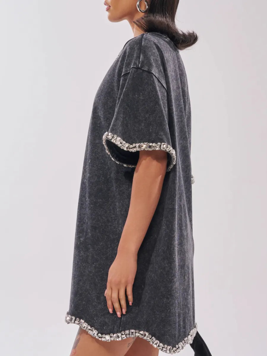 Rhinestone Trim Washed T‐Shirt Mini Dress