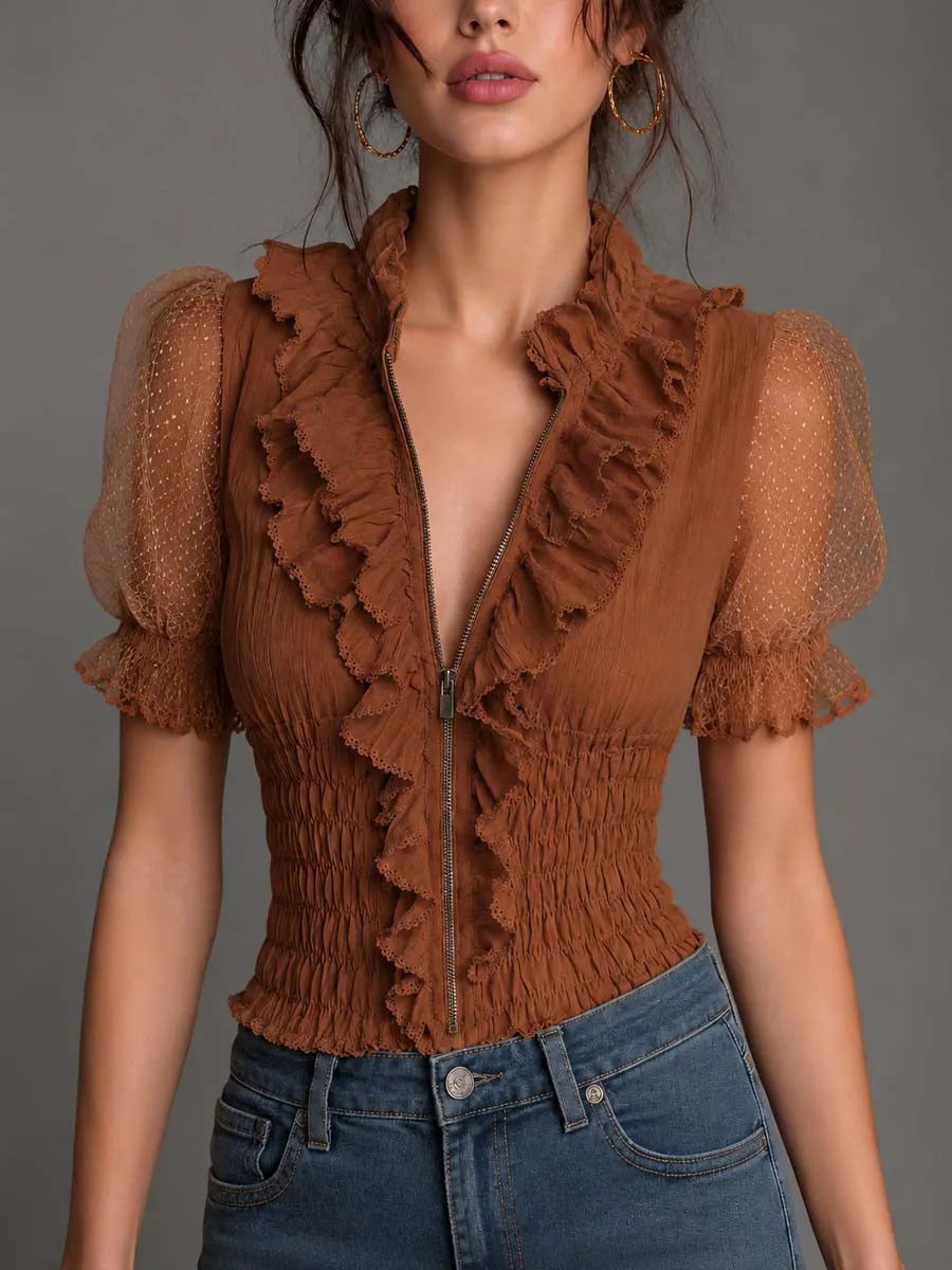 Caramel Cotton Mesh Puff Sleeve Ruffled Blouse