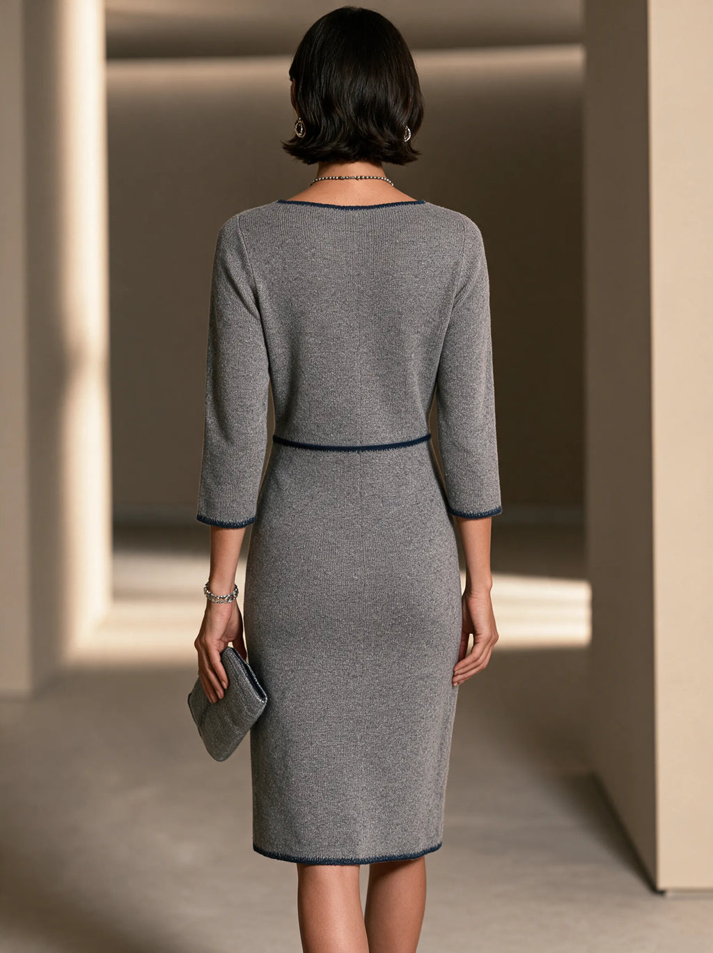 Women's Contrast Trim Commuter Knit Midi Dress MDZ3168H2GMJ