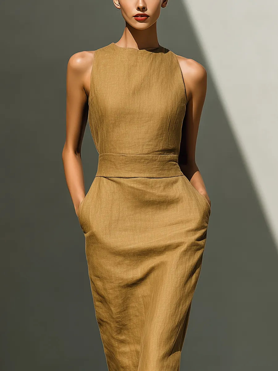 Women’s Camel Linen-Blend Sleeveless Round Neck Waisted Midi Dress With Pockets