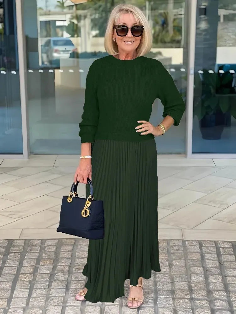 Knitted Long-sleeved Splicing Pleated Dress