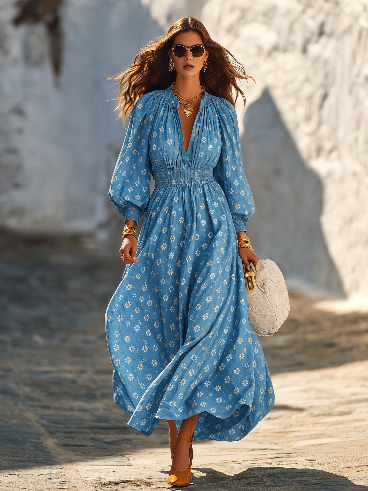 Vacation Elegant Daisy Chiffon Long Sleeve Maxi Dress