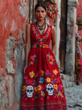 Day Of The Dead Sugar Skulls Flowers Embroidered Linen Maxi Evening Dress