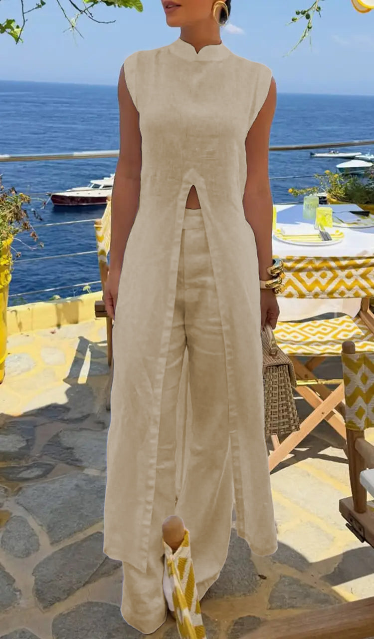 Womens Round Neck Long Top+ Pants Solid Color Casual Suit