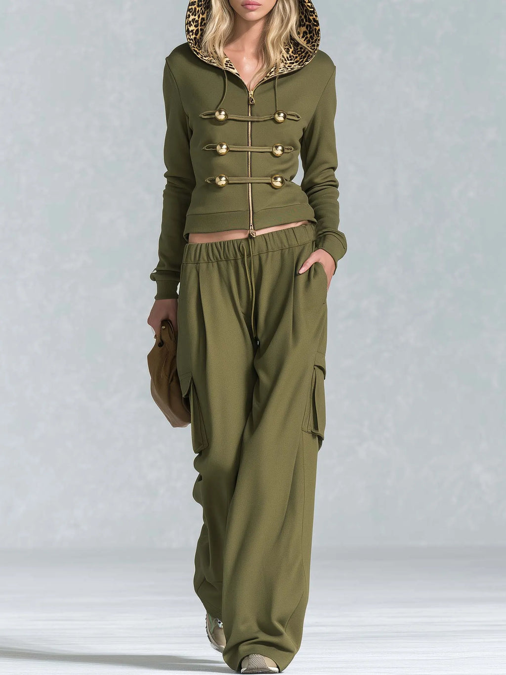 Vintage Military Olive Hooded Gold-Button Zip Hoodie Cargo Pants Set Women