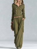 Vintage Military Olive Hooded Gold-Button Zip Hoodie Cargo Pants Set Women