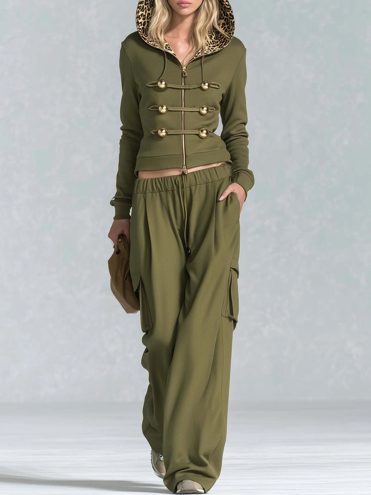 Vintage Military Olive Hooded Gold-Button Zip Hoodie Cargo Pants Set Women