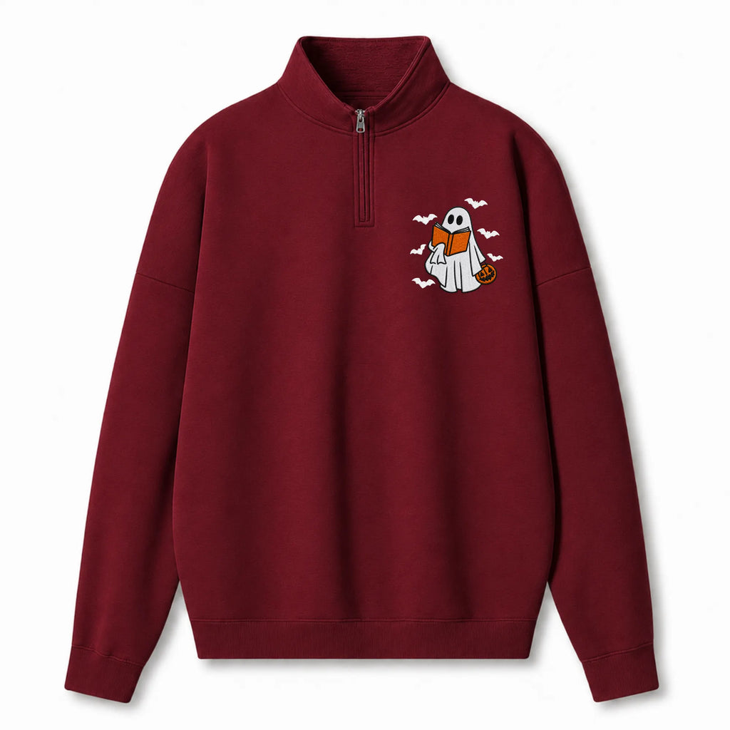 Chaotic Club Embroided Reading Ghost Pumpkin Pastel Pink Quarter Zip Sweatshirt