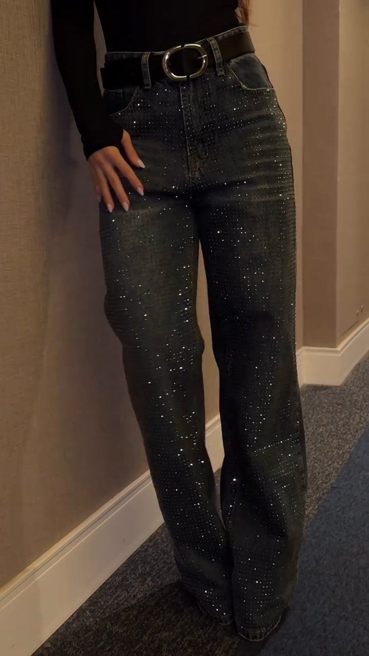 Women Rhinestone Washed Casual Jeans