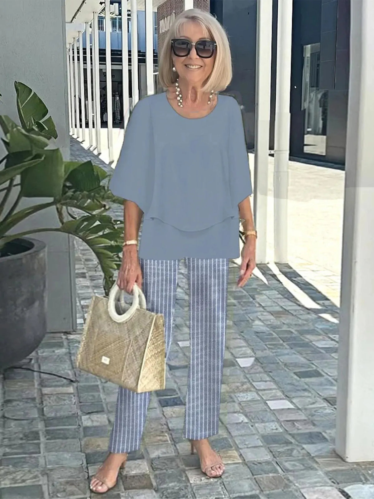 Casual Crew Neck Medium Sleeve Top Printed Floral Pants Set Two-piece Set