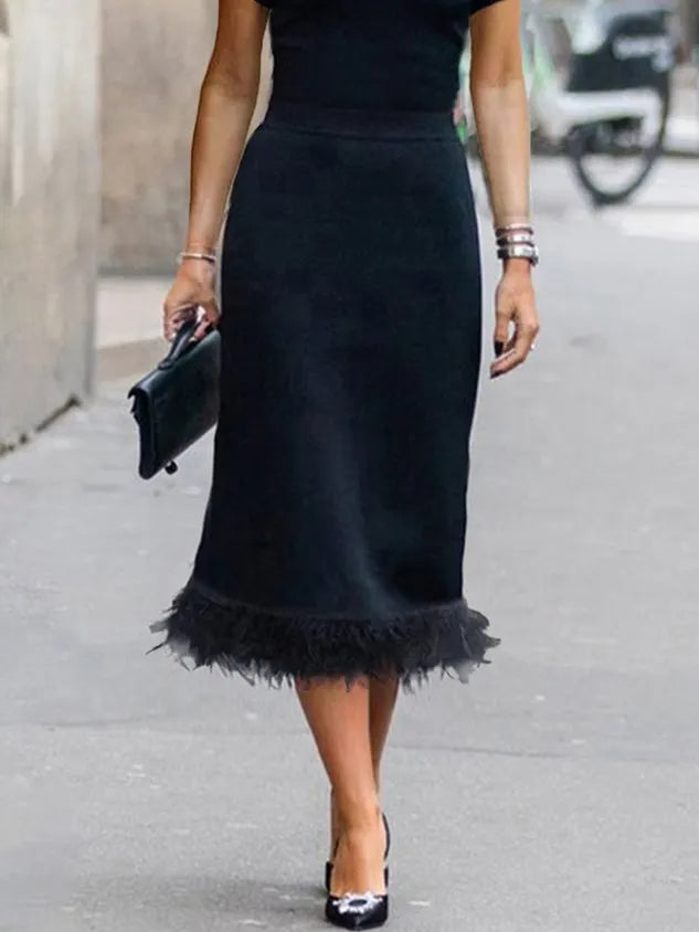 Elegant Crew Neck Feathered Hem Midi Dress