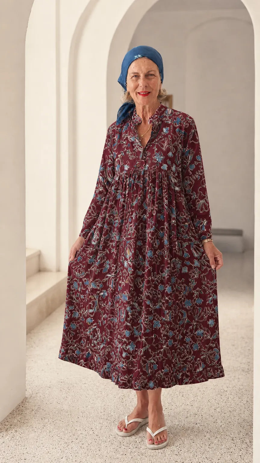 Floral Print Ruffle Collar Long Sleeve Midi Dress
