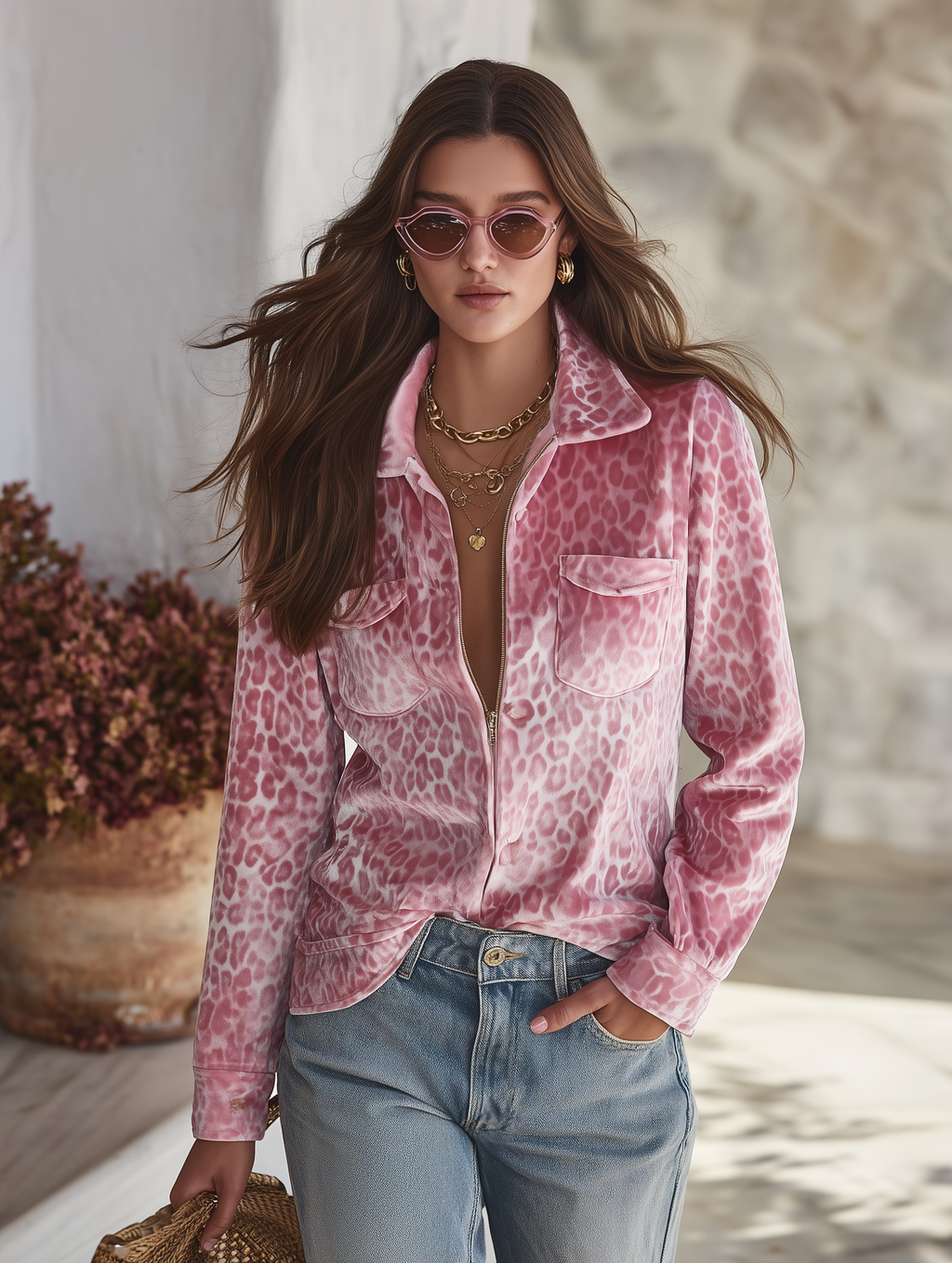 Resort-style Collared Long-sleeved Leopard Print Velvet Jacket