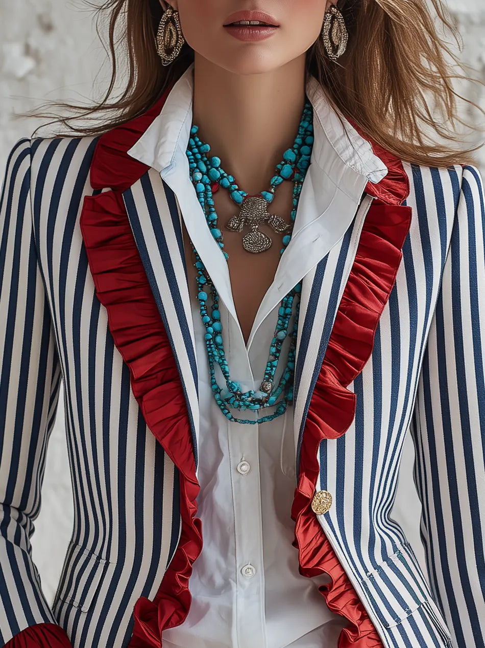 Retro Classic Striped Color-blocked Ruffled Blazer