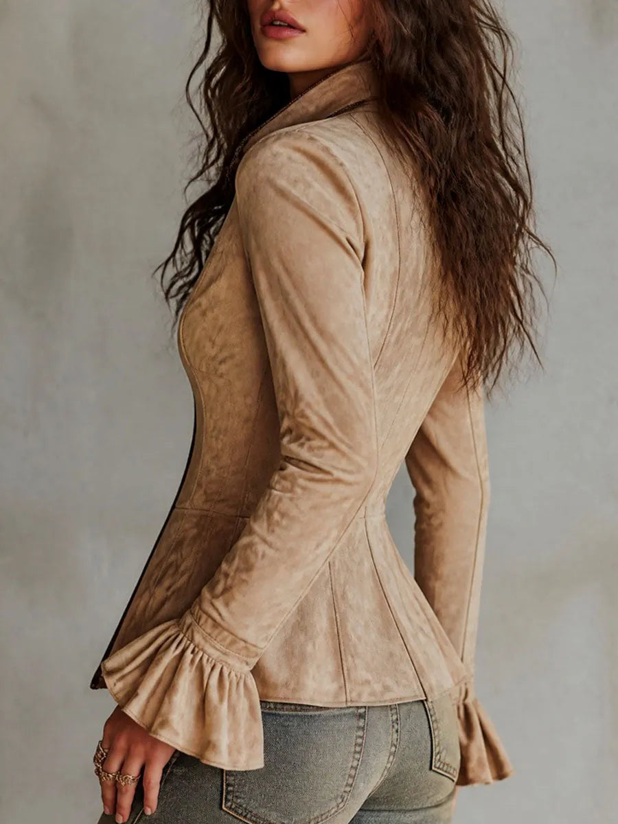 Boho Suede PU-trimmed Zip-Up Peplum Jacket With Ruffle Cuffs