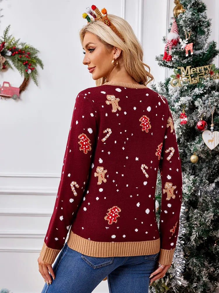 Casual Crewneck Embroidered Sweater – Gingerbread Man