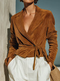 Women's Notched Lapel Corduroy Brown Tie Waist Jacket MDZ2859H0YZJ