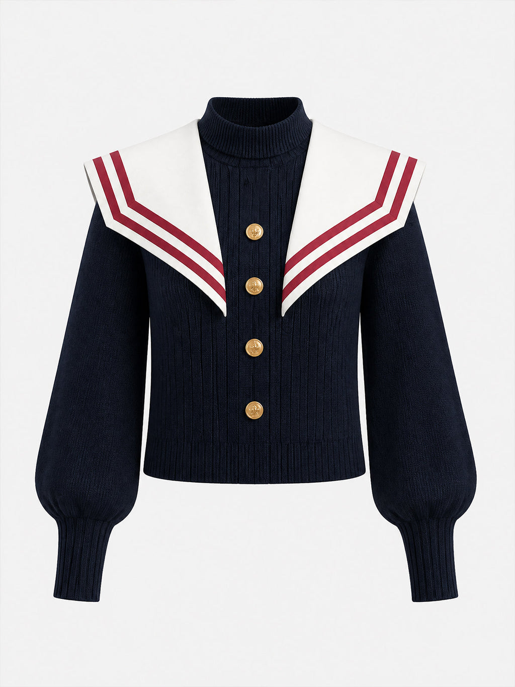 Vintage Navy Sailor-Collar Gold-Button Ribbed Knit Sweater