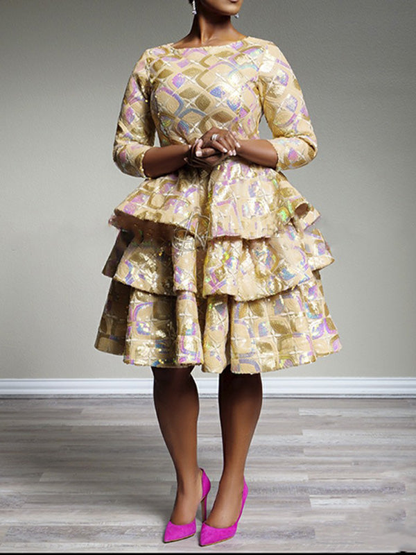 Print U-Neck Half Sleeve Multi Level Half Ruffle Midi Dress