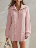 Resort-style Collared Half-zip Long-sleeve Knit Mini Dress