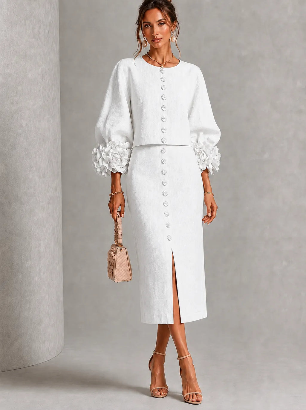 Blush 3D Floral Button Midi Two‐Piece Set