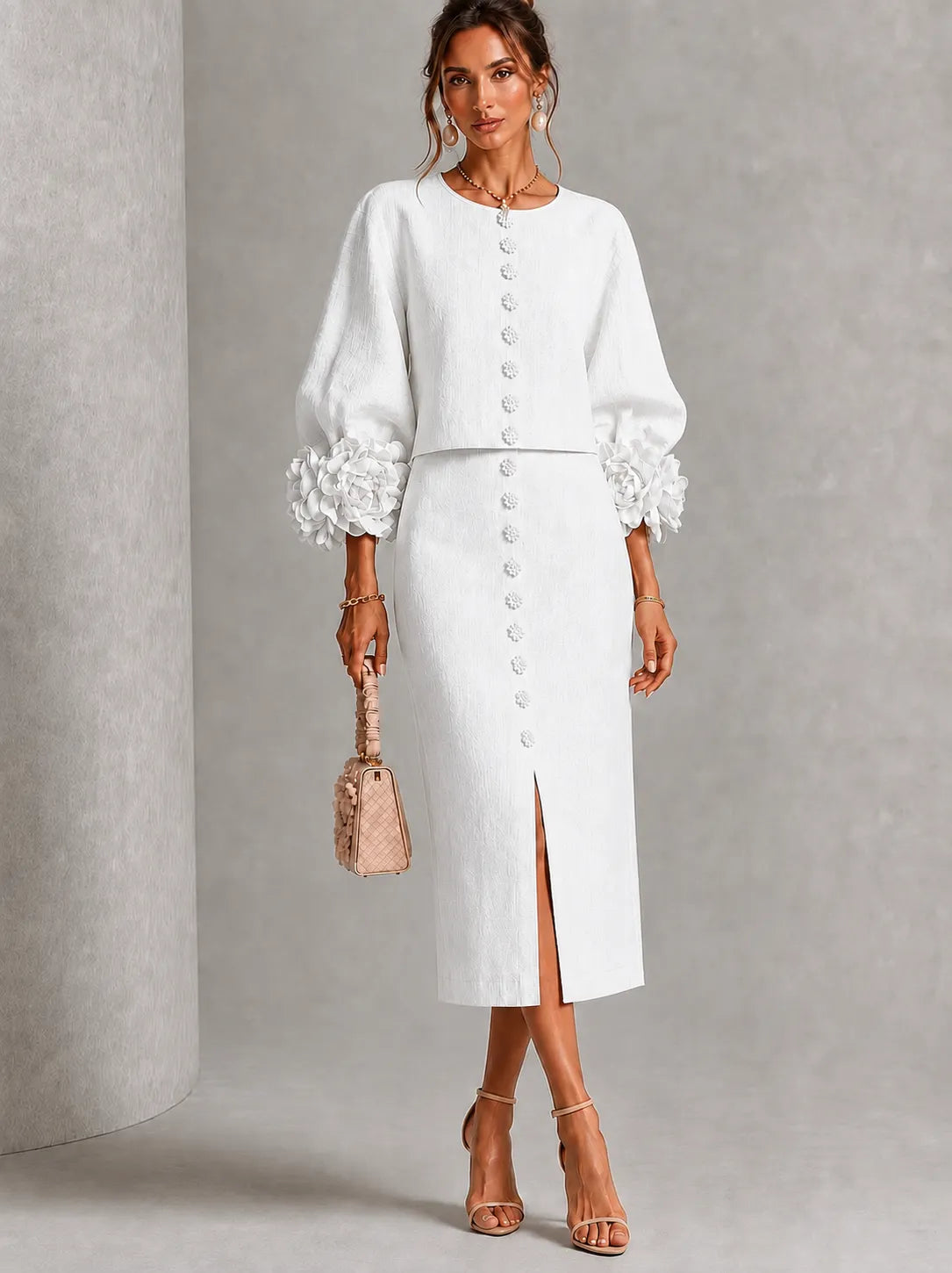 Blush 3D Floral Button Midi Two‐Piece Set