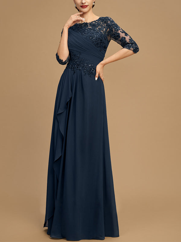 Round Neck Lace Solid Color Mesh Maxi Dress