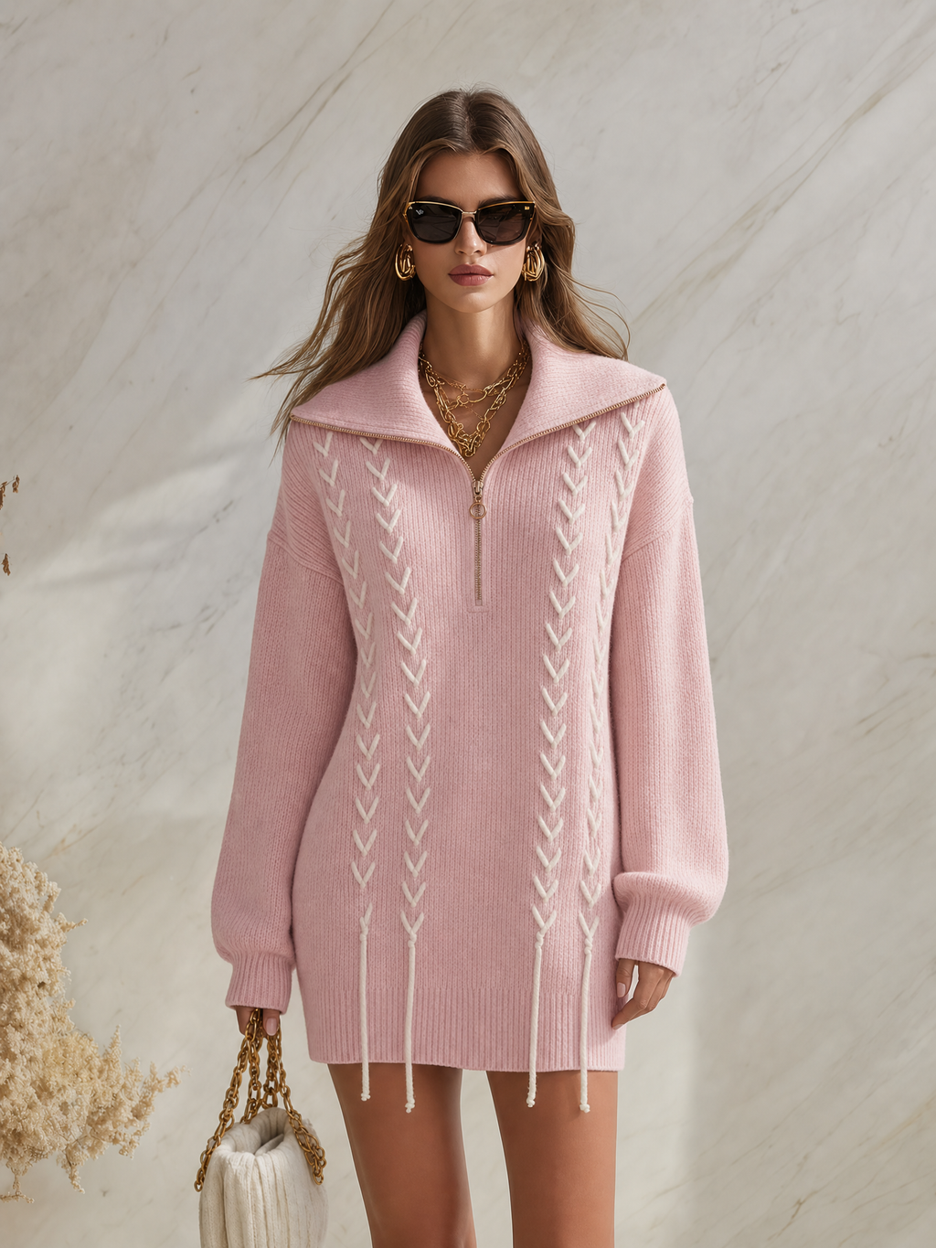 Resort-style Collared Half-zip Long-sleeve Knit Mini Dress