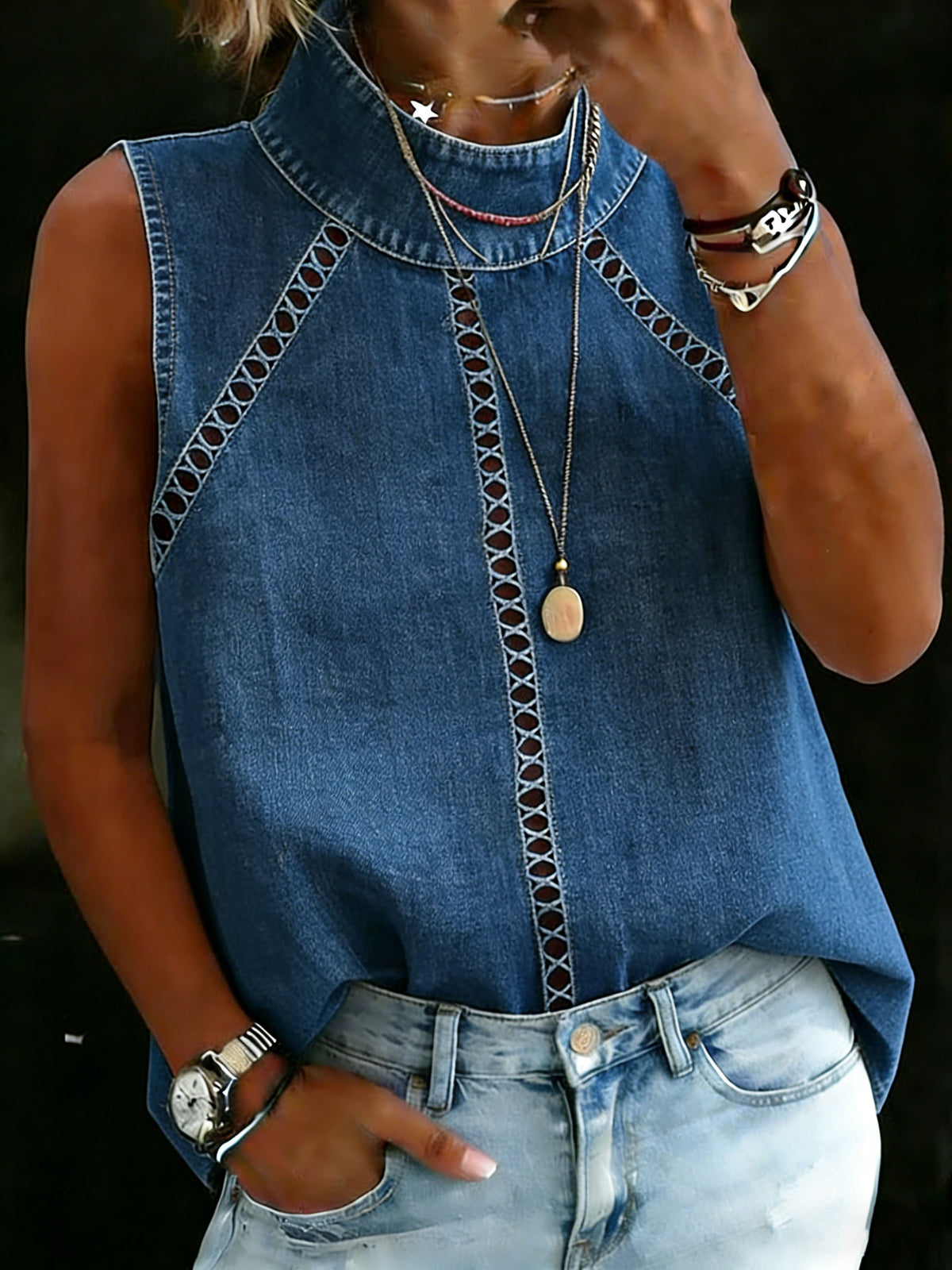 Women's Casual Denim Cotton Sleeveless Shirt