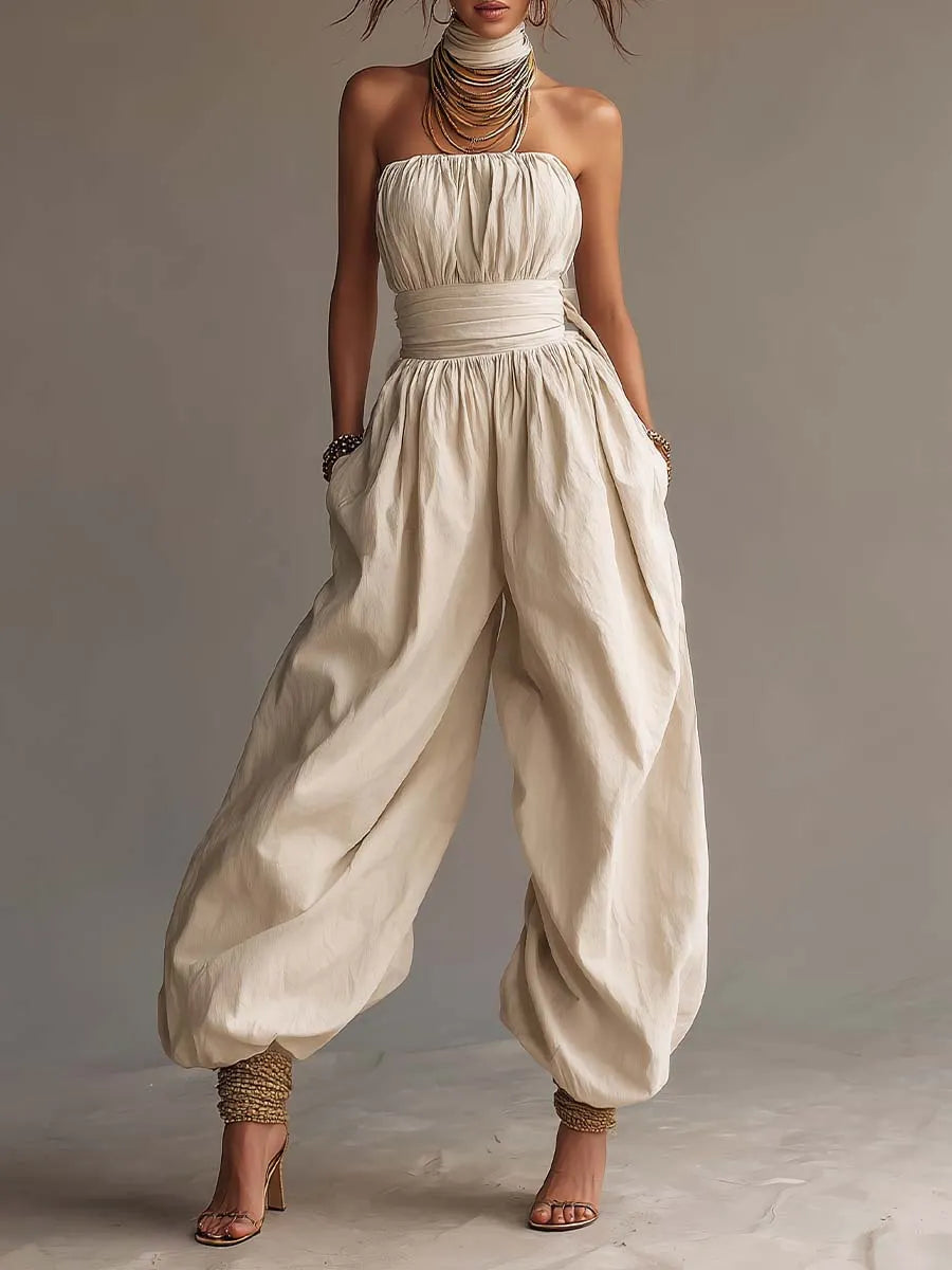 Bohemian Cotton Strapless Balloon-Leg Jumpsuit
