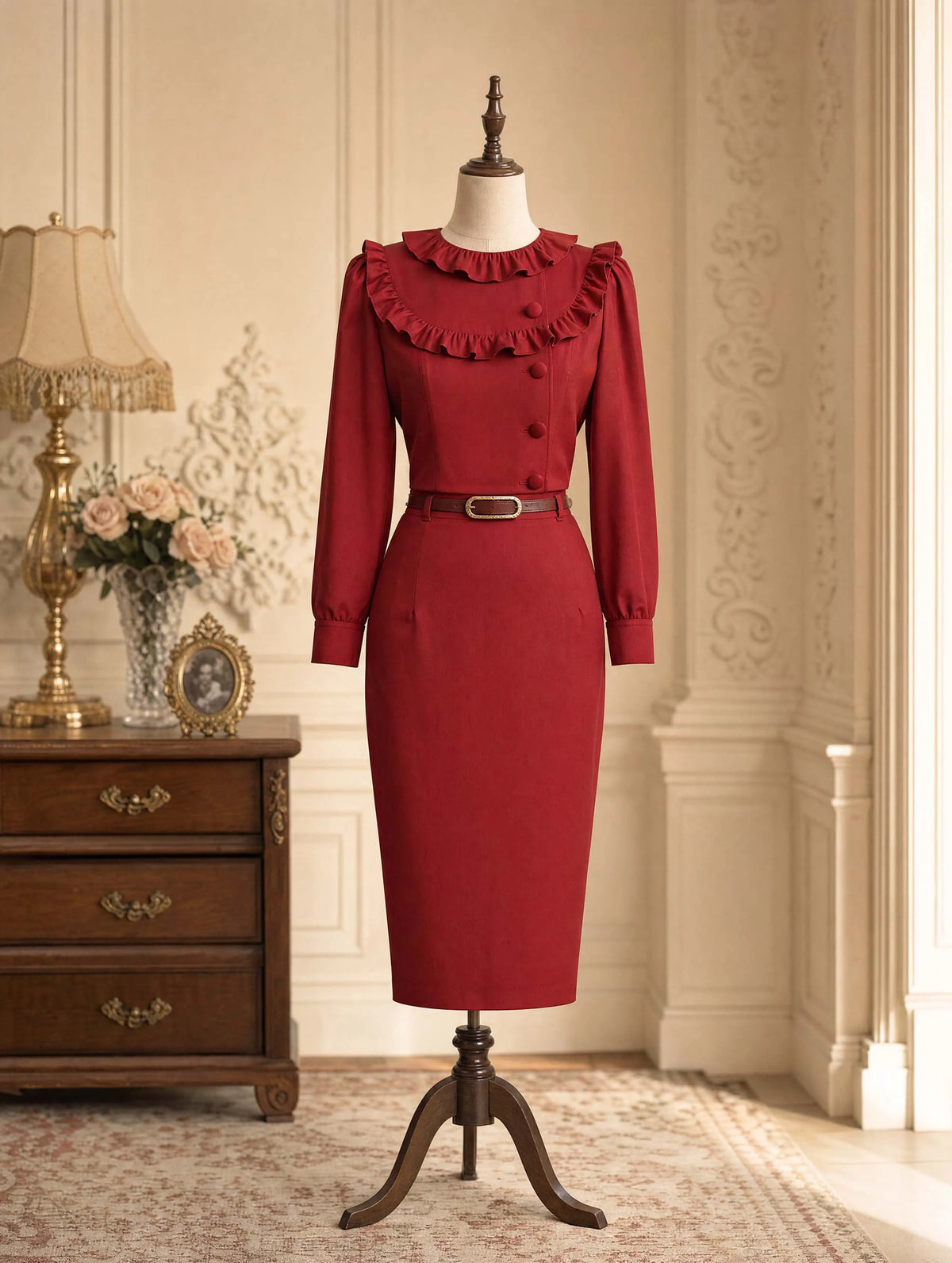 Vintage Wine Midi Business Skirt Set