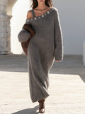 Stylish Asymmetric Button One Shoulder Grey Mohair Maxi Dress